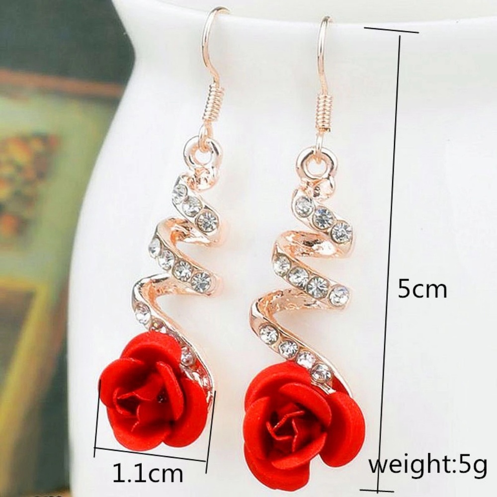 Red rose drop earrings - Picture 2 of 4